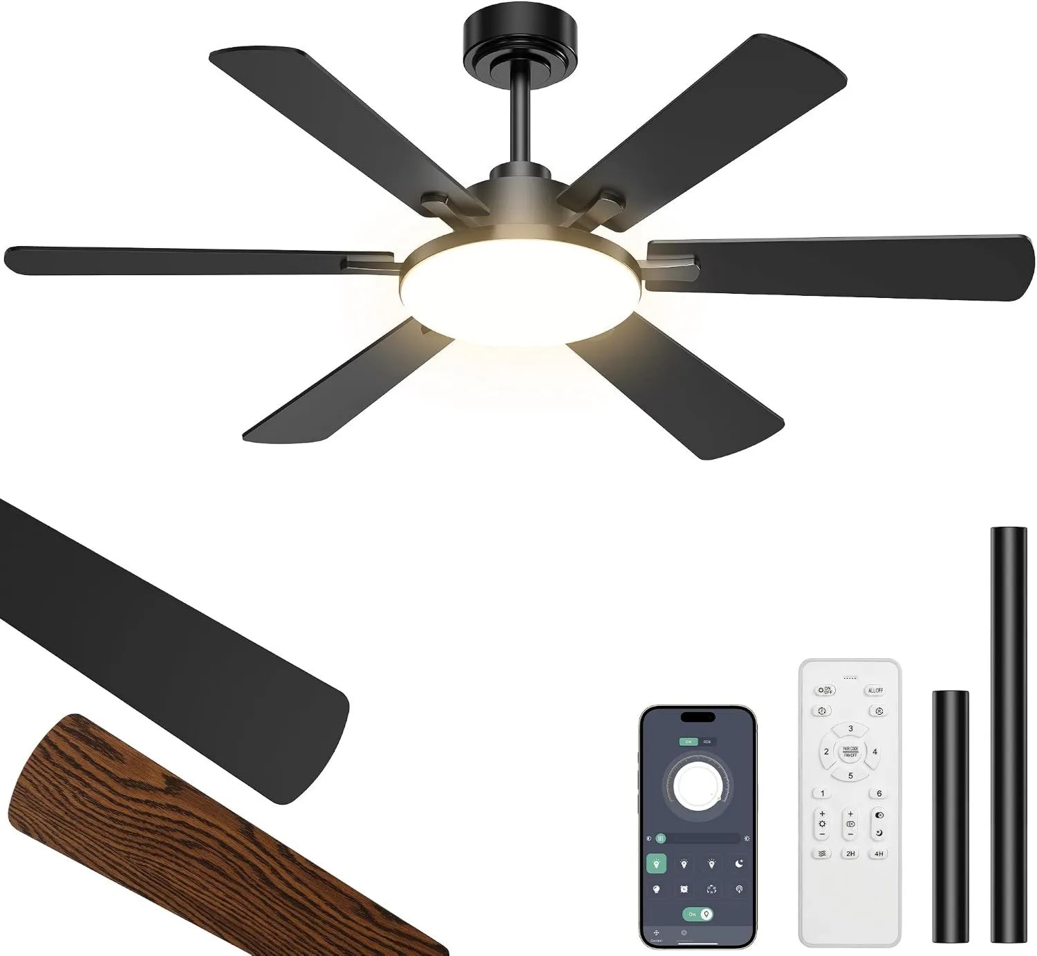Deckenventilator mit LED-Beleuchtung, 132 cm, leiser DC-Motor, 6 Geschwindigkeiten, dimmbar, Fernbedienung, doppelseitige Flügel, für Schlafzimmer und Wohnzimmer