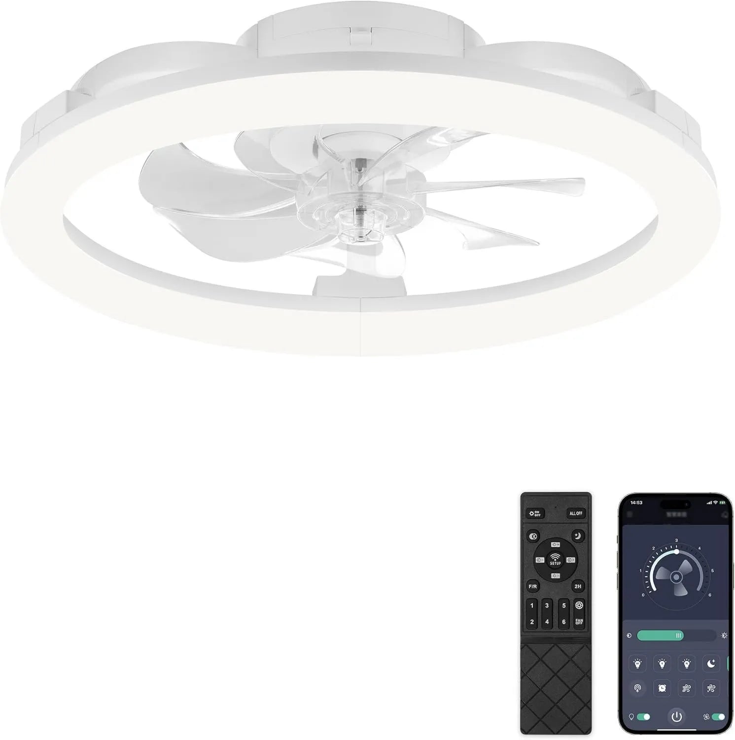 Moderner LED-Deckenventilator mit Fernbedienung, 51cm, 6 Geschwindigkeiten, leise, weiß, App-gesteuert