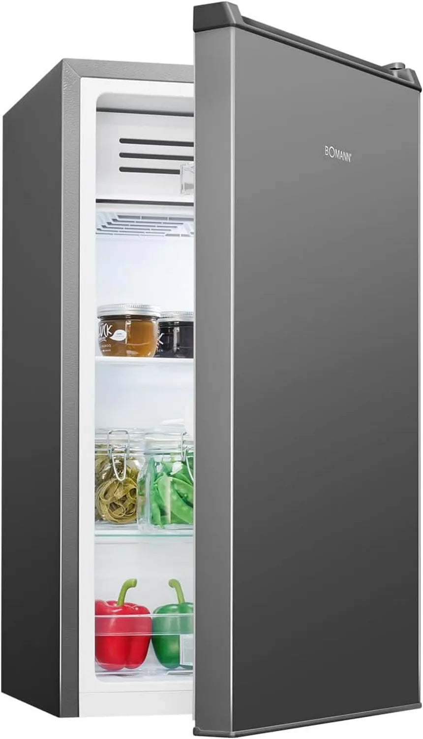 Bomann Mini-Kühlschrank mit Gefrierfach, 83L, energieeffizient & leise, 0-8°C regelbar, 2 Ablagen, Gemüsefach, LED-Beleuchtung, wechselbarer Türanschlag, Edelstahl-Design