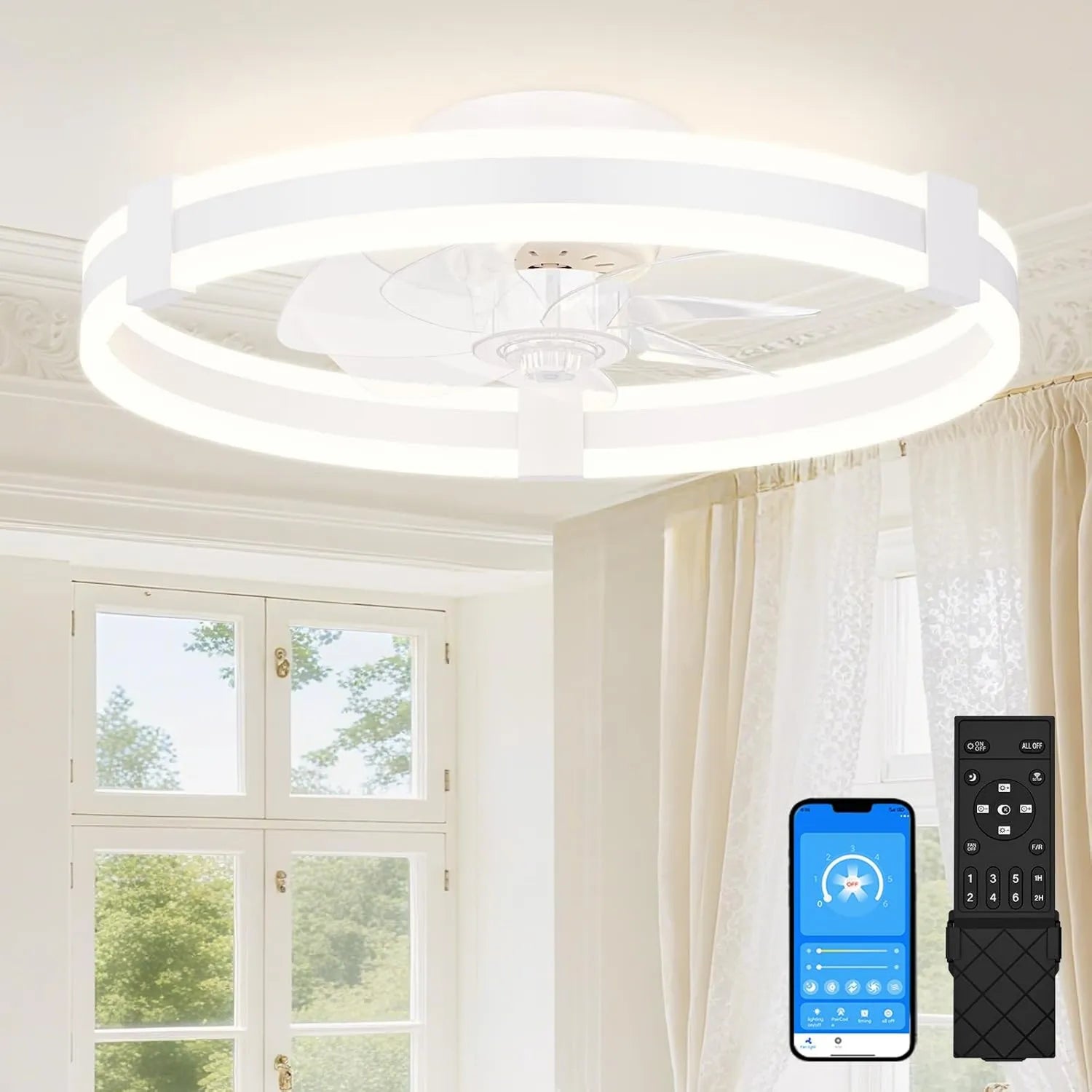 LED Deckenventilator mit Beleuchtung, 50cm, dimmbar, leise, 6 Geschwindigkeiten, Timer, ideal für Schlafzimmer, Weiß