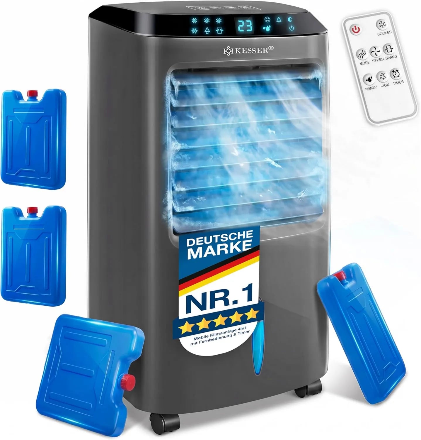 KESSER® 4-in-1 Klimagerät: Mobiler Luftkühler mit Fernbedienung, Timer & Ionisator – 10L Tank, Luftbefeuchtung & Ventilation, 3 Geschwindigkeiten, inkl. Kühlakkus