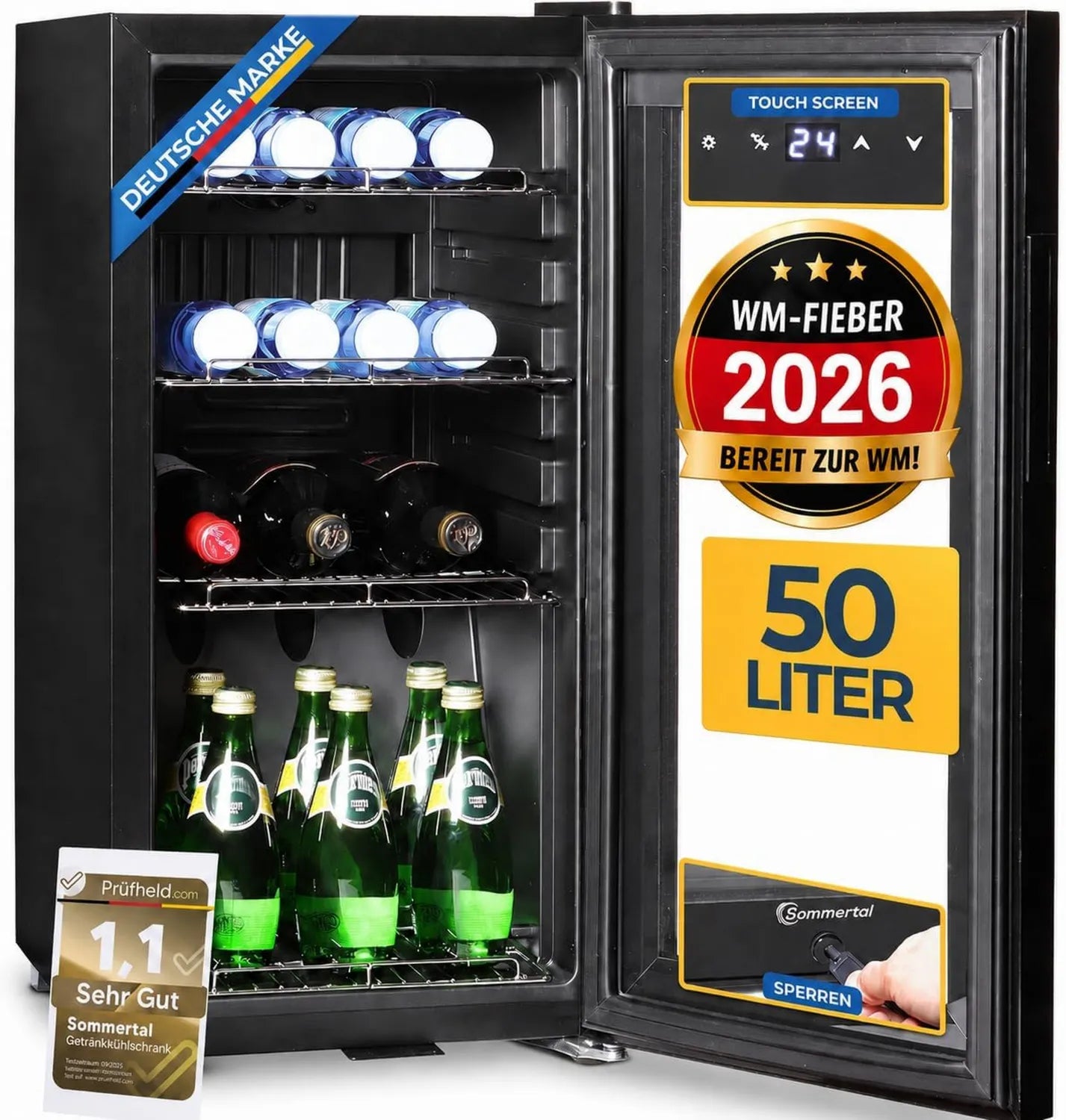 Kompakter 50L Getränkekühlschrank mit Glastür, Touchscreen und LED-Beleuchtung – Abschließbar und leise für Büro, Zuhause, Bar und Minibar