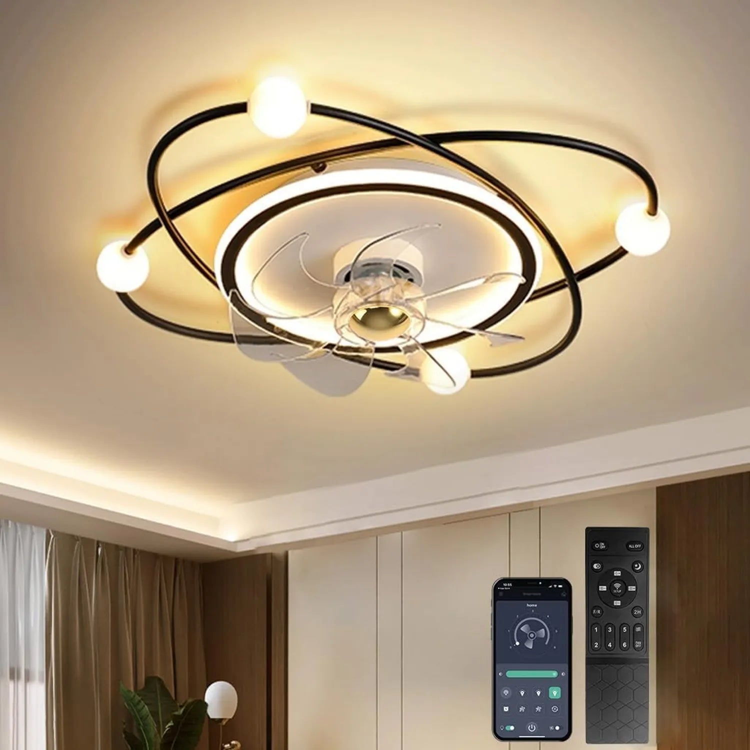 Intelligenter LED-Deckenventilator mit Timer, 58cm, 48W, Schwarz, Dimmbare Beleuchtung für Wohn- und Esszimmer