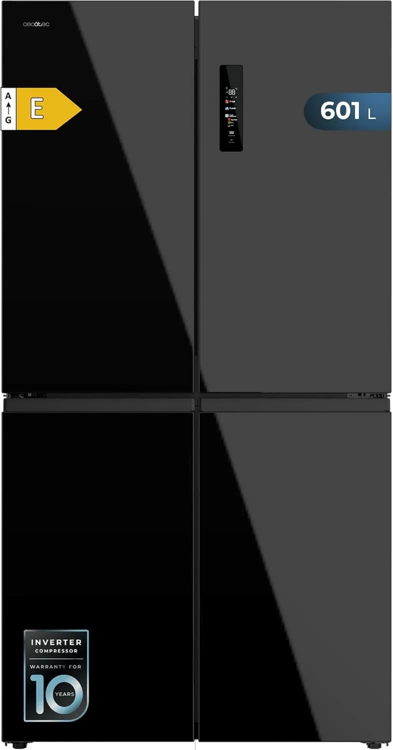 Cecotec Side-by-Side Kühlschrank Bolero CoolMarket 4D 601 Schwarz, 601L, Inverter, No Frost, 90cm, ECO-Modus, Schnellkühlung, Display, Temperaturalarm, Glasdesign