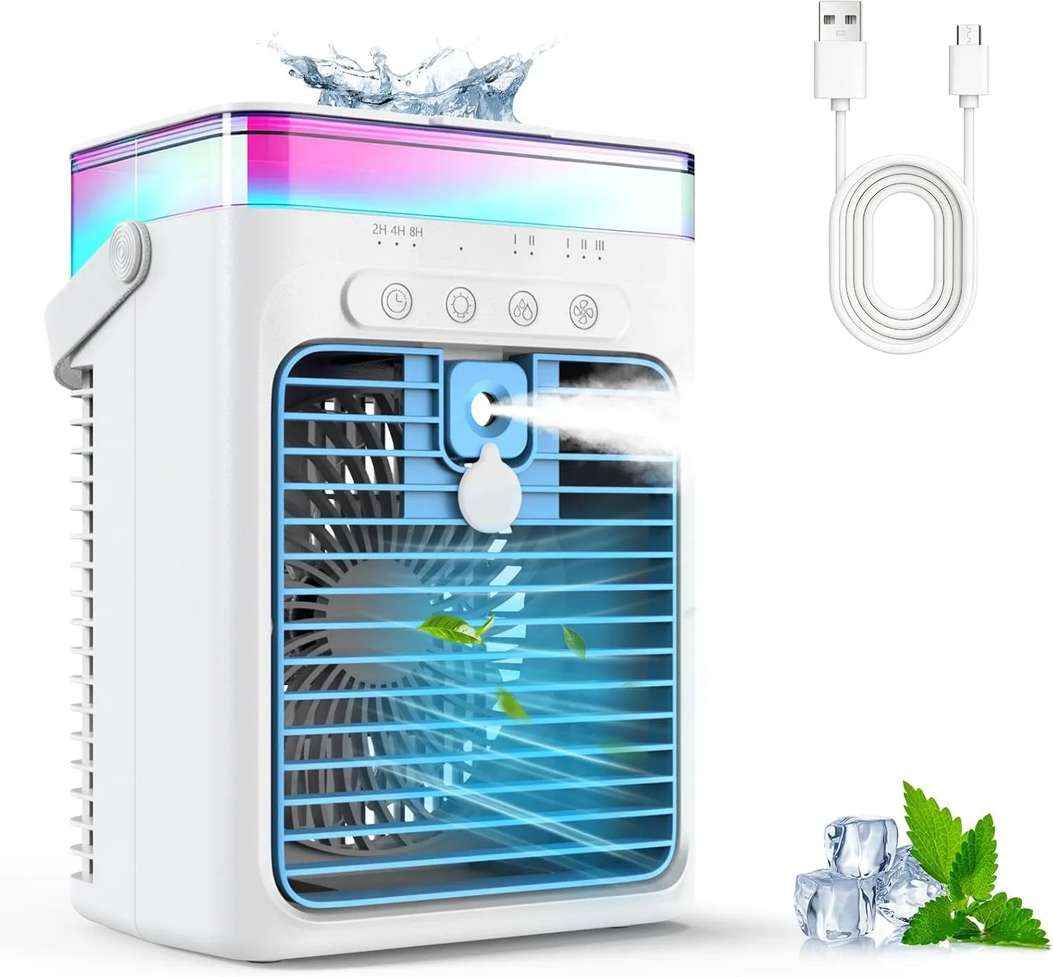 Mobiles Klimagerät, 3-in-1 Luftkühler mit 3 Geschwindigkeiten & Doppelmischmodus, 1000ml Mini-USB-Ventilator mit RGB-Beleuchtung & Timer für Zuhause und unterwegs