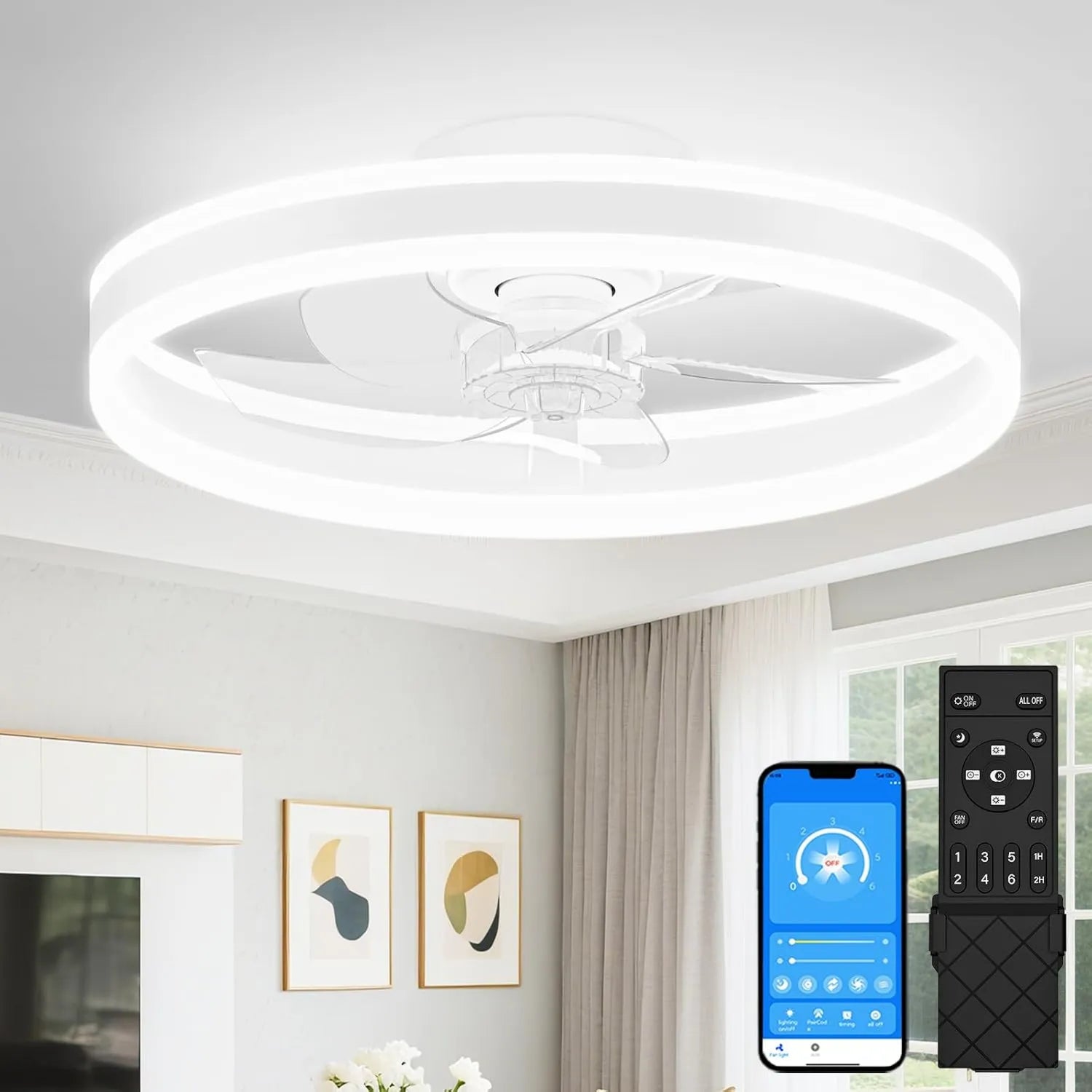 Flüsterleiser LED-Deckenventilator mit Fernbedienung, 6 Geschwindigkeiten, Dimmbare Beleuchtung, Modernes Design für Schlafzimmer und Wohnzimmer, Weiß, 49,5 cm