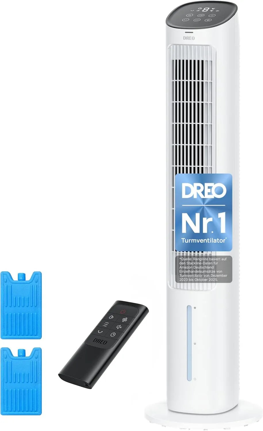 DREO Leiser Turmventilator mit Wasserkühlung, 102 cm, 80° Schwenkfunktion, 3 Modi, 4 Geschwindigkeiten, Fernbedienung, Weiß