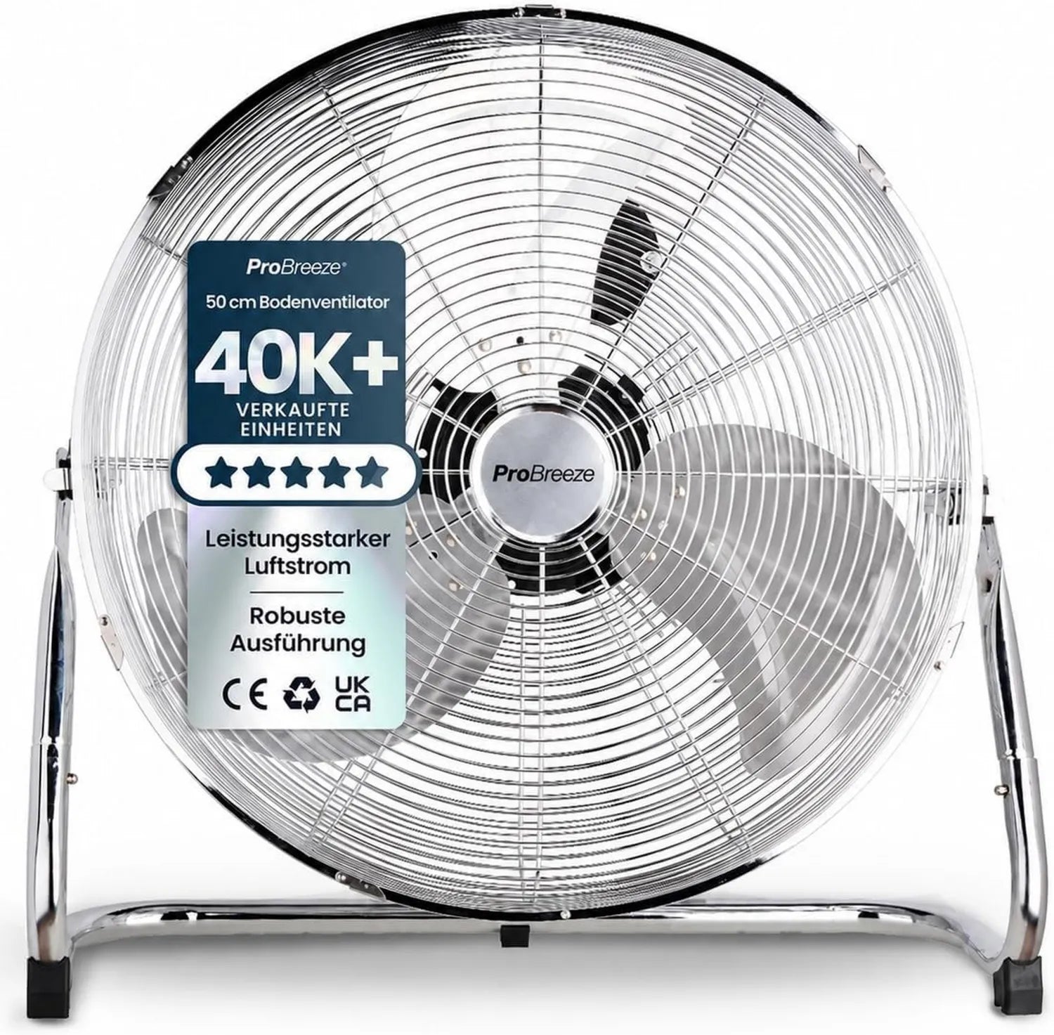 Pro Breeze 50 cm Chrom-Bodenventilator mit 3 Geschwindigkeiten und einstellbarem Kopf – Ideal für Fitnessstudios und Werkstätten