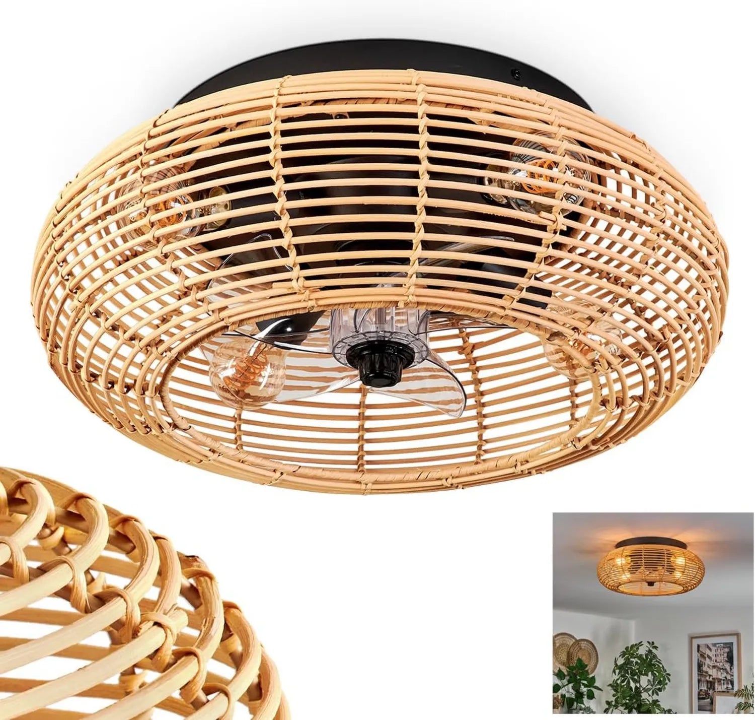 HOFSTEIN Deckenventilator Mulstrand, Metall- und Bambusdesign in Schwarz/Natur, inklusive Fernbedienung, Auf-/Abwindmodus, integrierte Beleuchtung, 4-flammig Ø 50cm, E27-Fassung, 3 Geschwindigkeiten