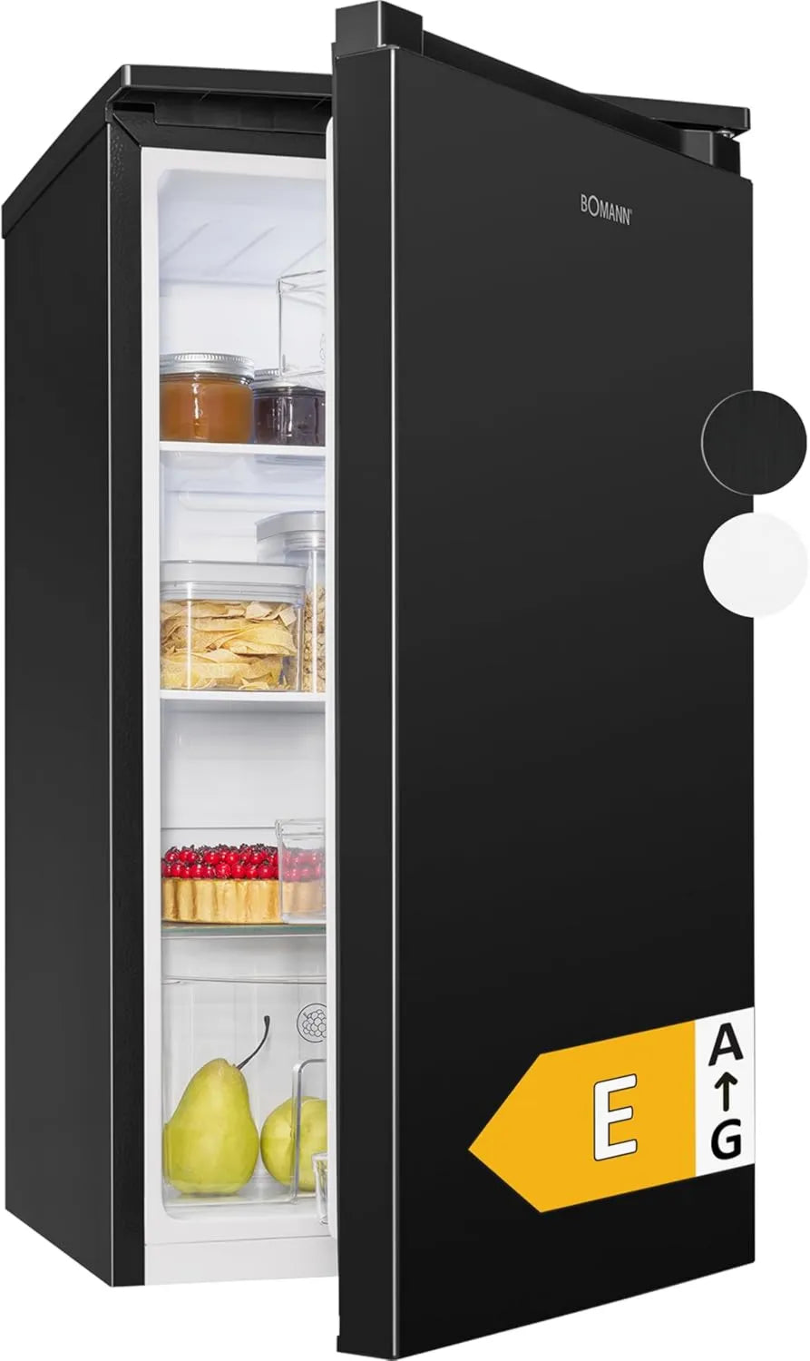 Kompakter Bomann Kühlschrank 87L, Energieklasse A+, Geräuscharm, Flexibel Einstellbar 0°C-8°C, Wechselbarer Türanschlag, 3 Fächer & Gemüseschublade, Schwarz