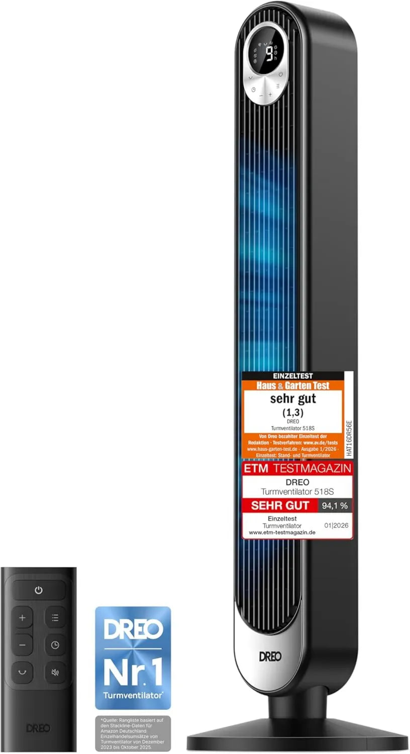 DREO Turmventilator mit DC-Motor, leise Kühlung, Fernbedienung, 9 Geschwindigkeiten, 4 Modi, 90° Oszillation, 12 Stunden Timer