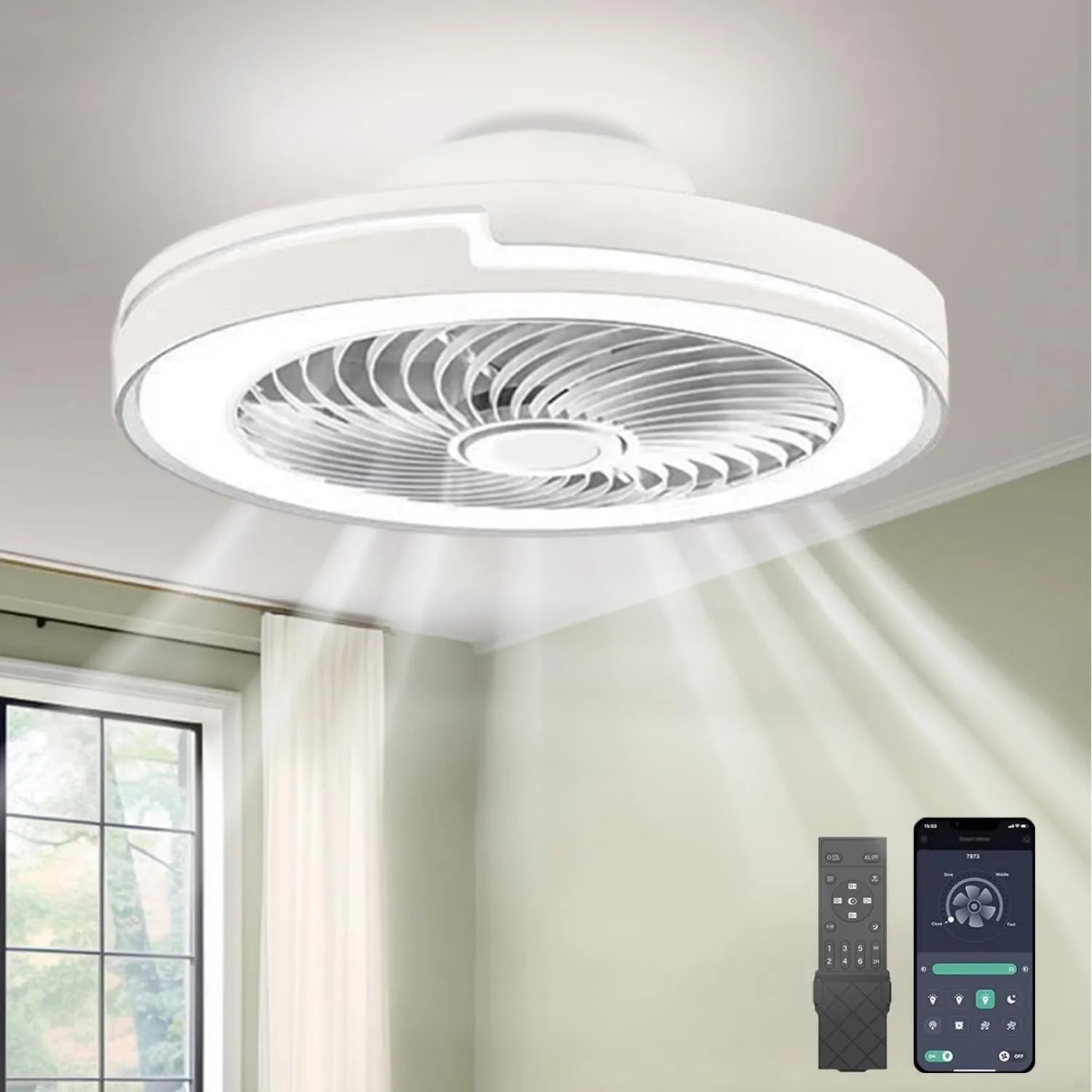 Moderne LED-Deckenventilatorleuchte mit App-Steuerung, Flüsterleise, 6 Geschwindigkeitsstufen, 50 cm, Weiß, für Wohn- und Schlafzimmer