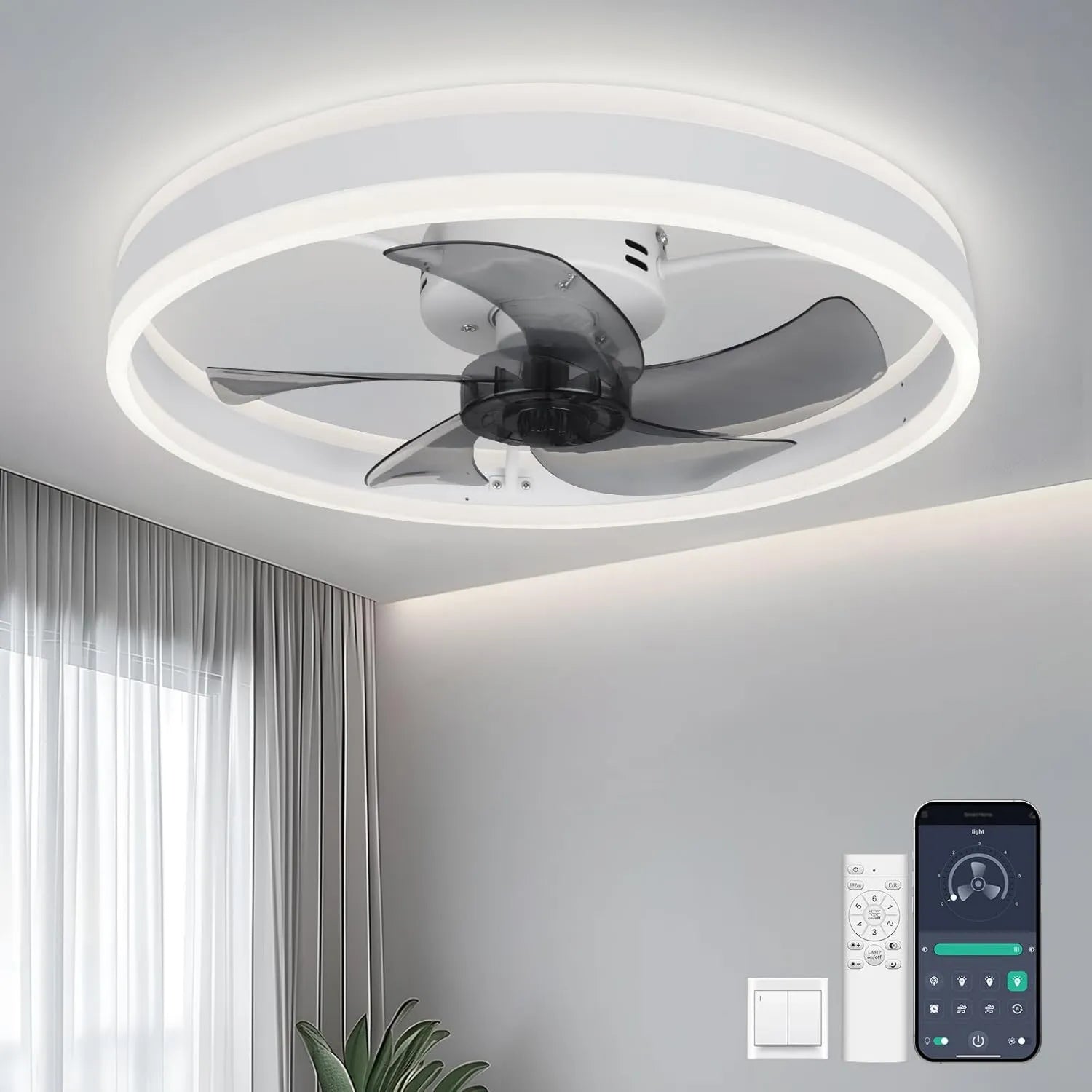 Moderner LED-Deckenventilator mit Fernbedienung und App-Steuerung, 55W umkehrbar, dimmbares Licht für Schlafzimmer und Wohnzimmer, Weiß, 50CM