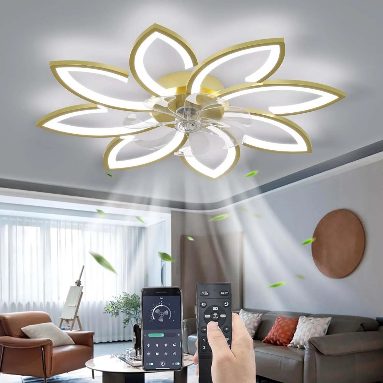 YUNZI Geräuschloser Deckenventilator mit LED-Beleuchtung und Fernbedienung, Dimmbar, Modernes Design für Wohn- und Schlafzimmer, 6 Geschwindigkeiten einstellbar, 90CM in Gold