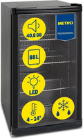 Kompakter METRO Professional Mini-Kühlschrank, 88L, energieeffizient, mit drei Edelstahlregalen, Schwarz