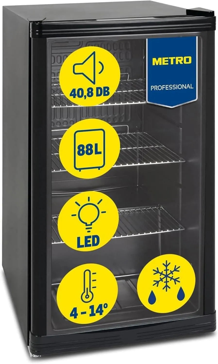 Kompakter METRO Professional Mini-Kühlschrank, 88L, energieeffizient, mit drei Edelstahlregalen, Schwarz